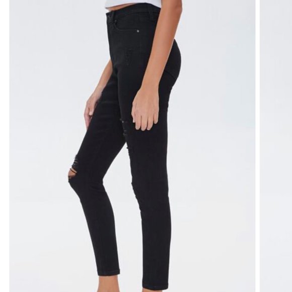 Forever 21 Distressed High-waisted Stretch 5-pocket Curvy Fit Black Skinny Jeans - Picture 4 of 11